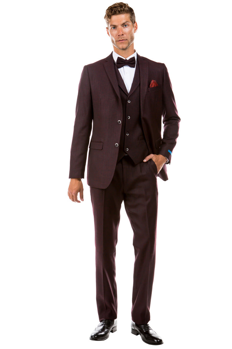 Men’s Two Button Vested Vintage Style Tweed Wedding Suit in Burgundy