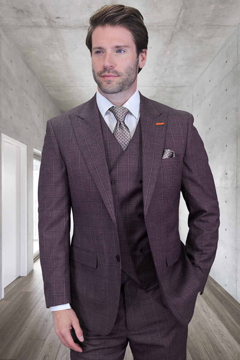 Men’s Designer Vested One Button Peak Lapel Wool Suit in Eggplant Windowpane Plaid