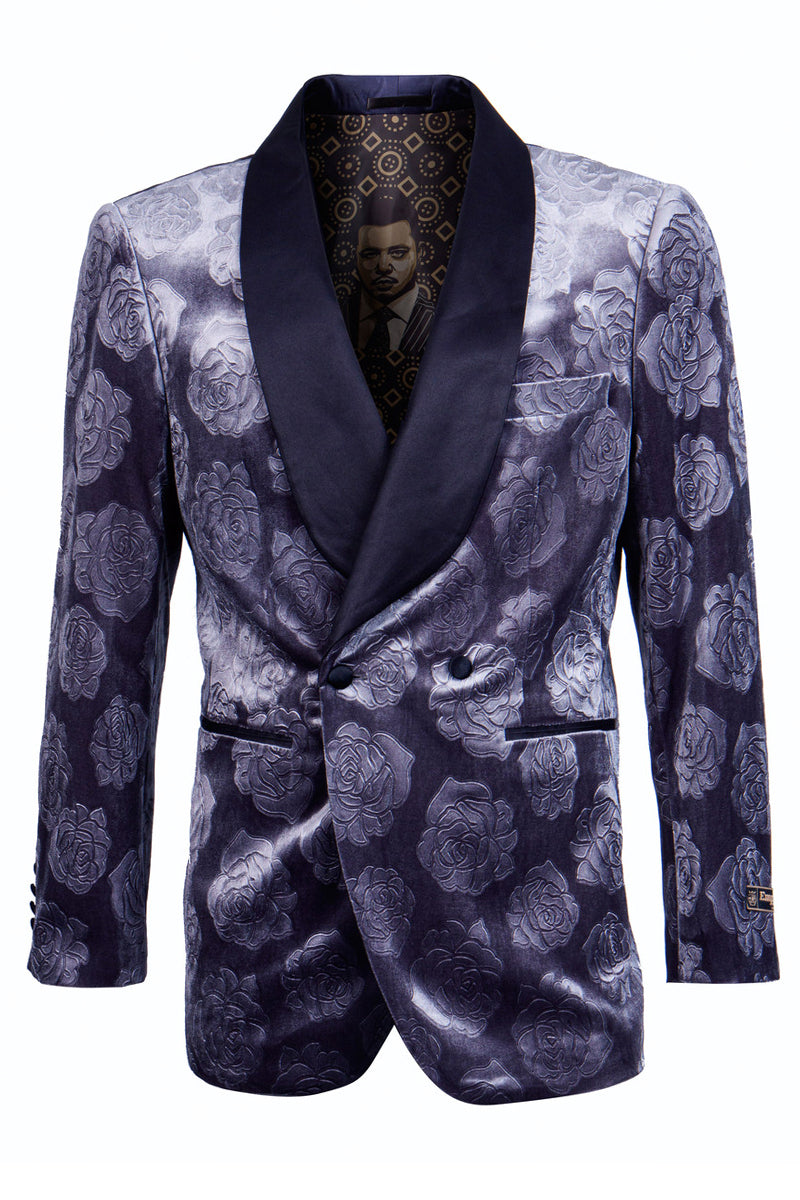 Men’s Double Breasted Floral Rose Print Velvet Smoking Jacket in Blue