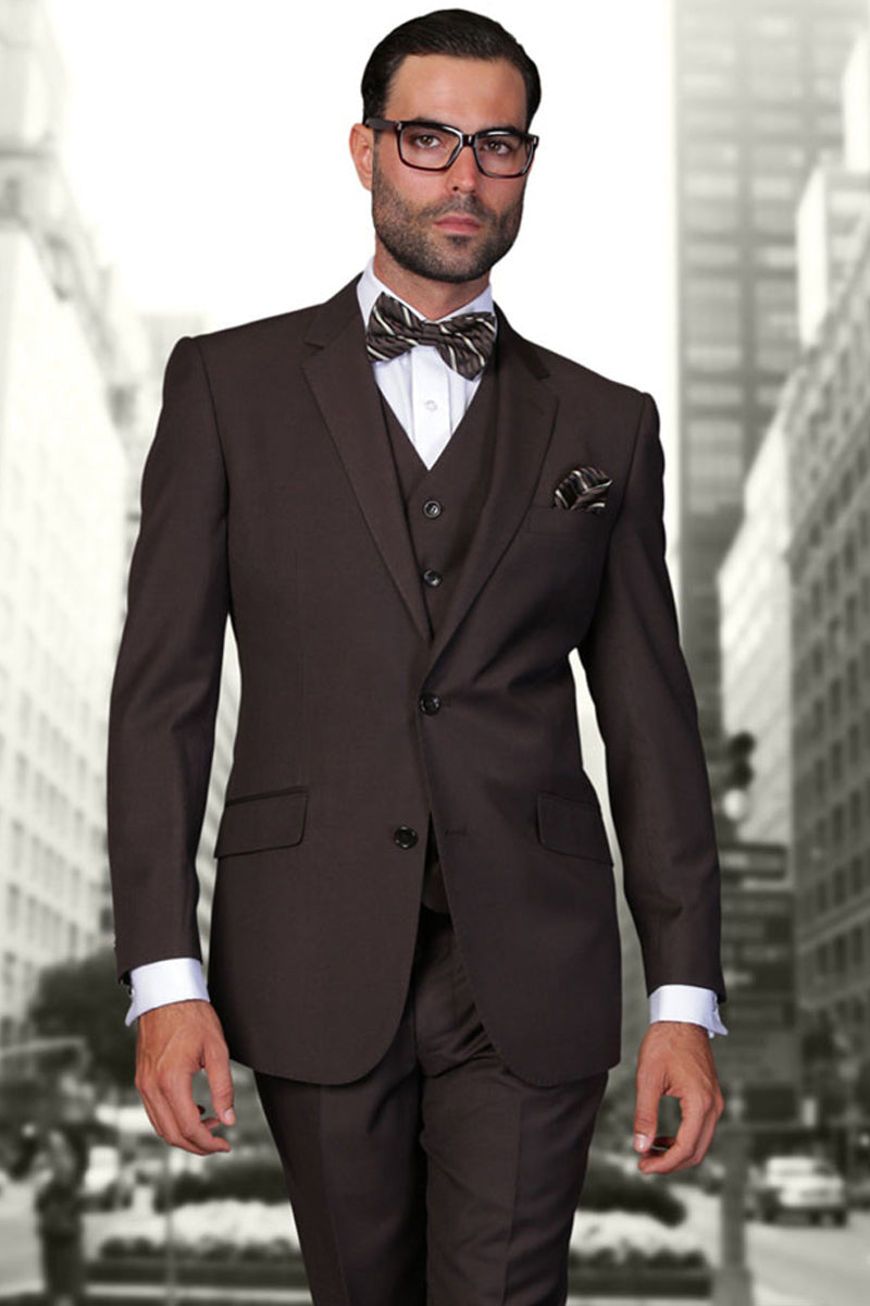 Men’s Modern Fit Designer Vested Extra Long Wool Suit in Brown