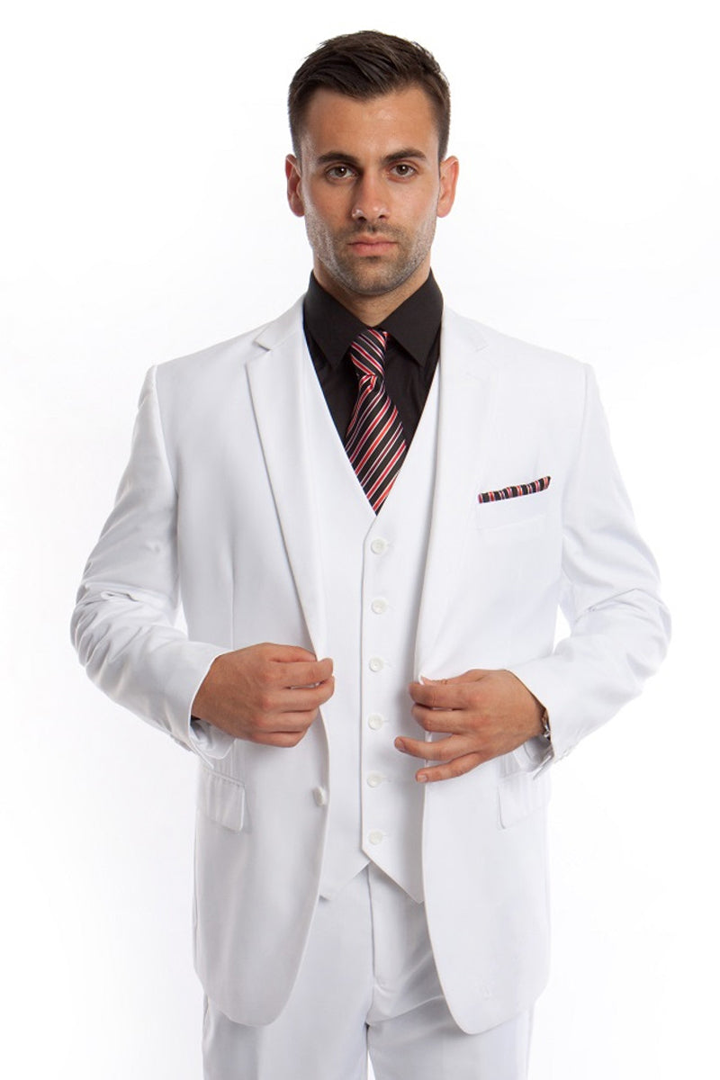 Men’s Vested Two Button Solid Color Wedding & Business Suit in White
