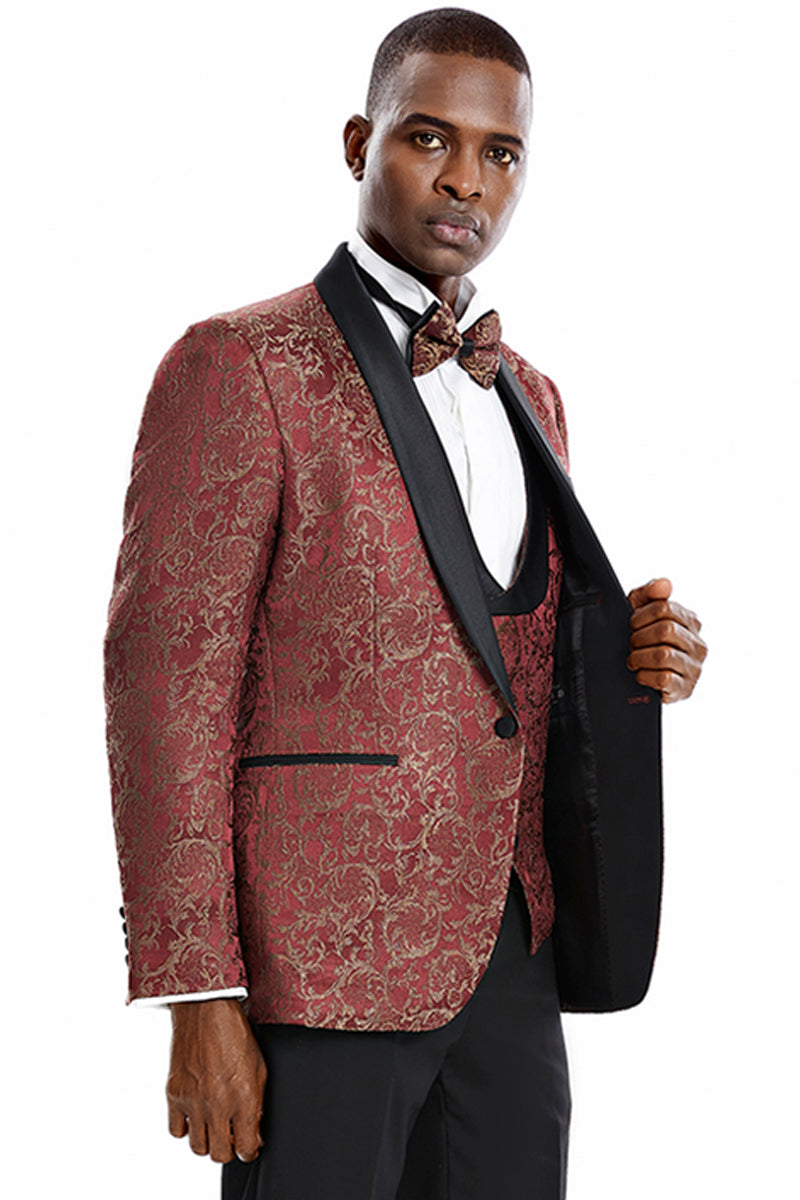 Men’s One Button Vested Prom & Wedding Shawl Tuxedo in Red & Gold Paisley