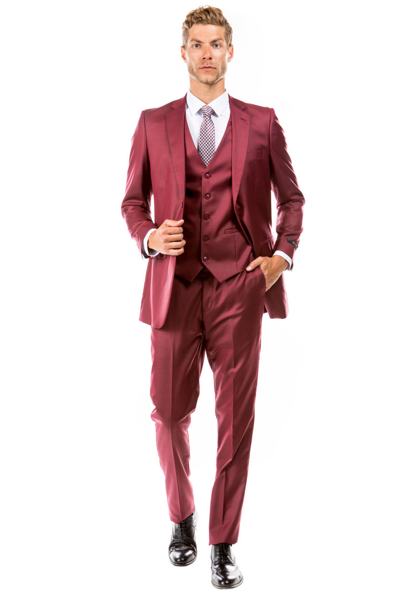 Men’s Two Button Hybrid Fit Vested Sharkskin Wedding & Business Suit in Cranberry Red