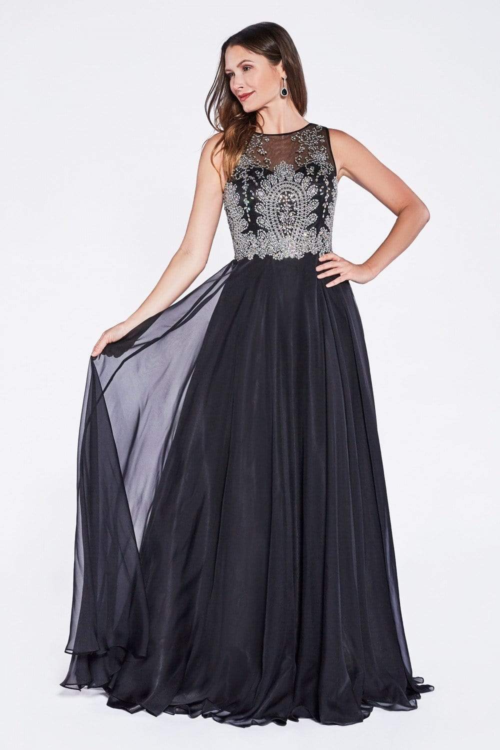 Sleeveless Illusion Metallic Appliqued A-Line Gown