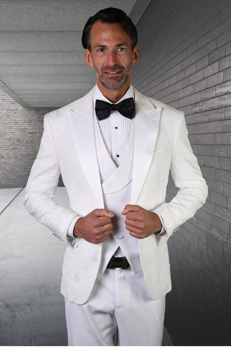 Men’s Designer Vested Tonal Paisley Wedding & Prom Tuxedo in White
