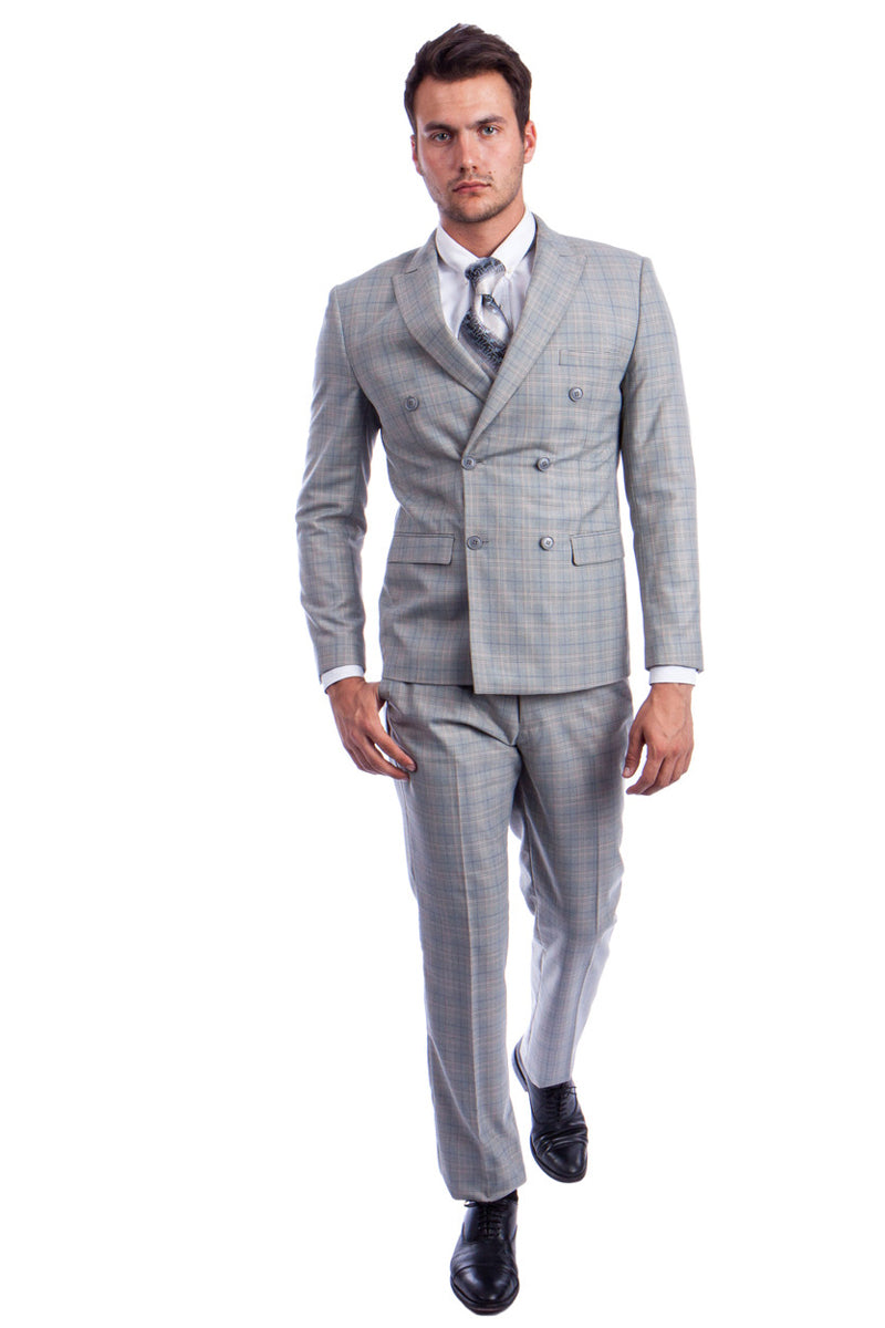 Men’s Slim Fit Double Breasted Suit in Light Grey Windowpane Plaid