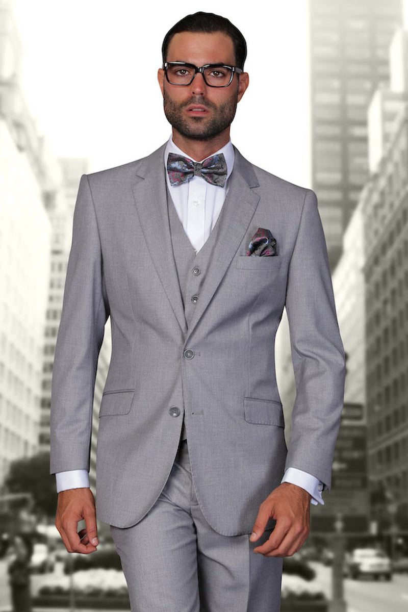 Men’s Modern Fit Designer Vested Extra Long Wool Suit in Grey