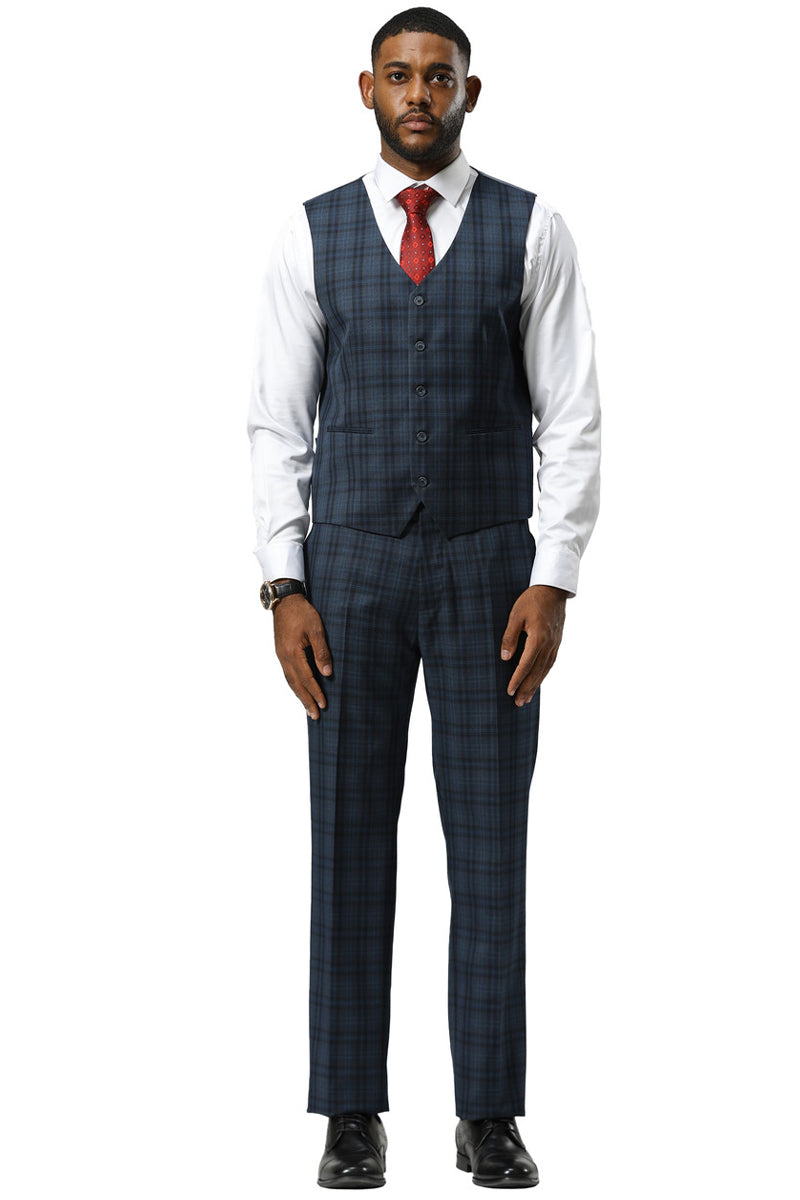 Men’s Stacy Adams Modern Fit Vested Suit in Navy Blue Double Windowpane Plaid