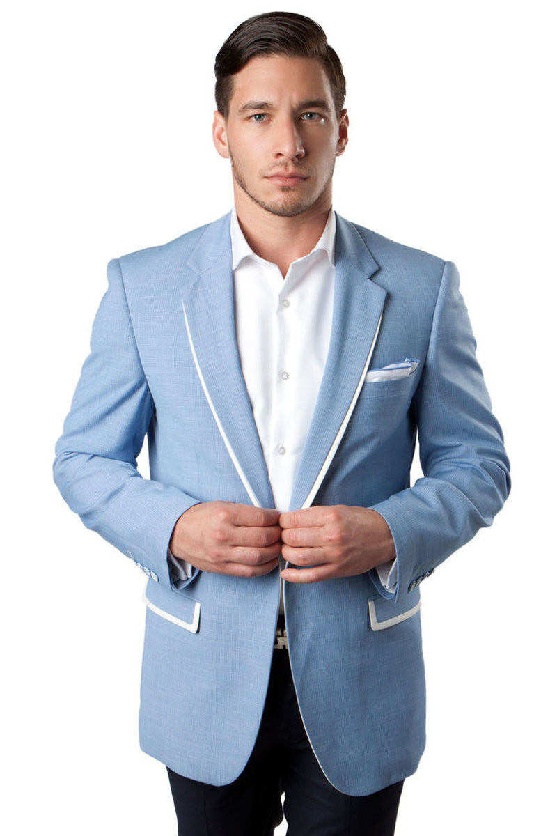 Men’s One Button Summer Blazer in Sky Blue with White Trim