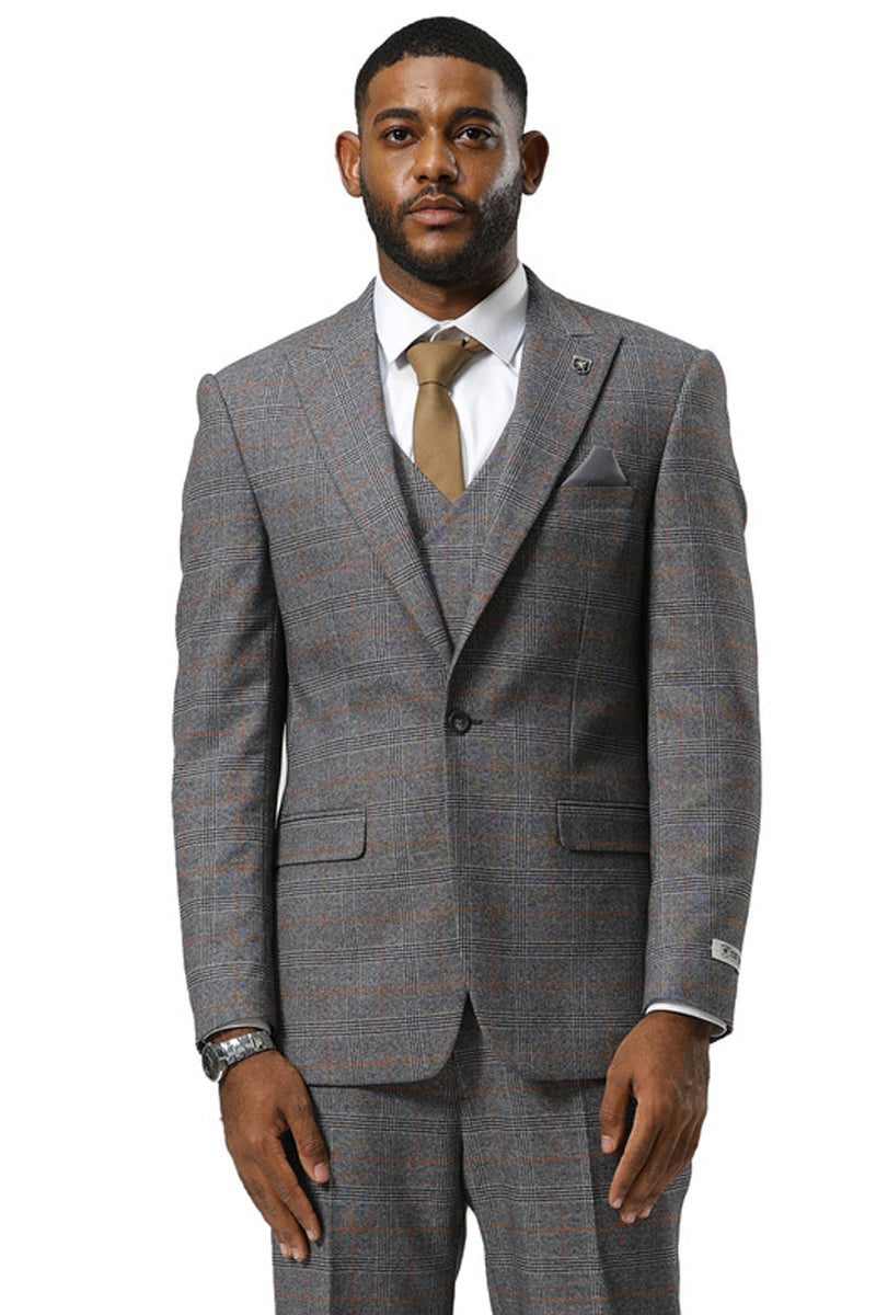Men’s Stacy Adams One Button Peak Lapel Suit With Double Breasted Vest in Grey Glen Plaid