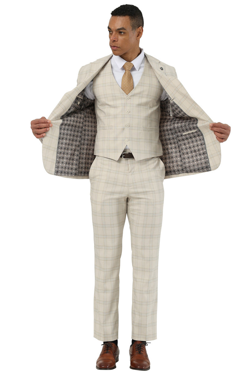 Men’s Designer Stacy Adams Vested Glen Plaid Suit in Beige