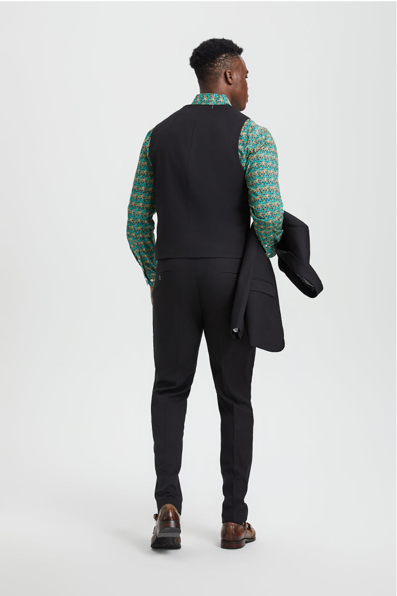 Men’s Vested One Button Peak Lapel Stacy Adams Designer Suit in Black