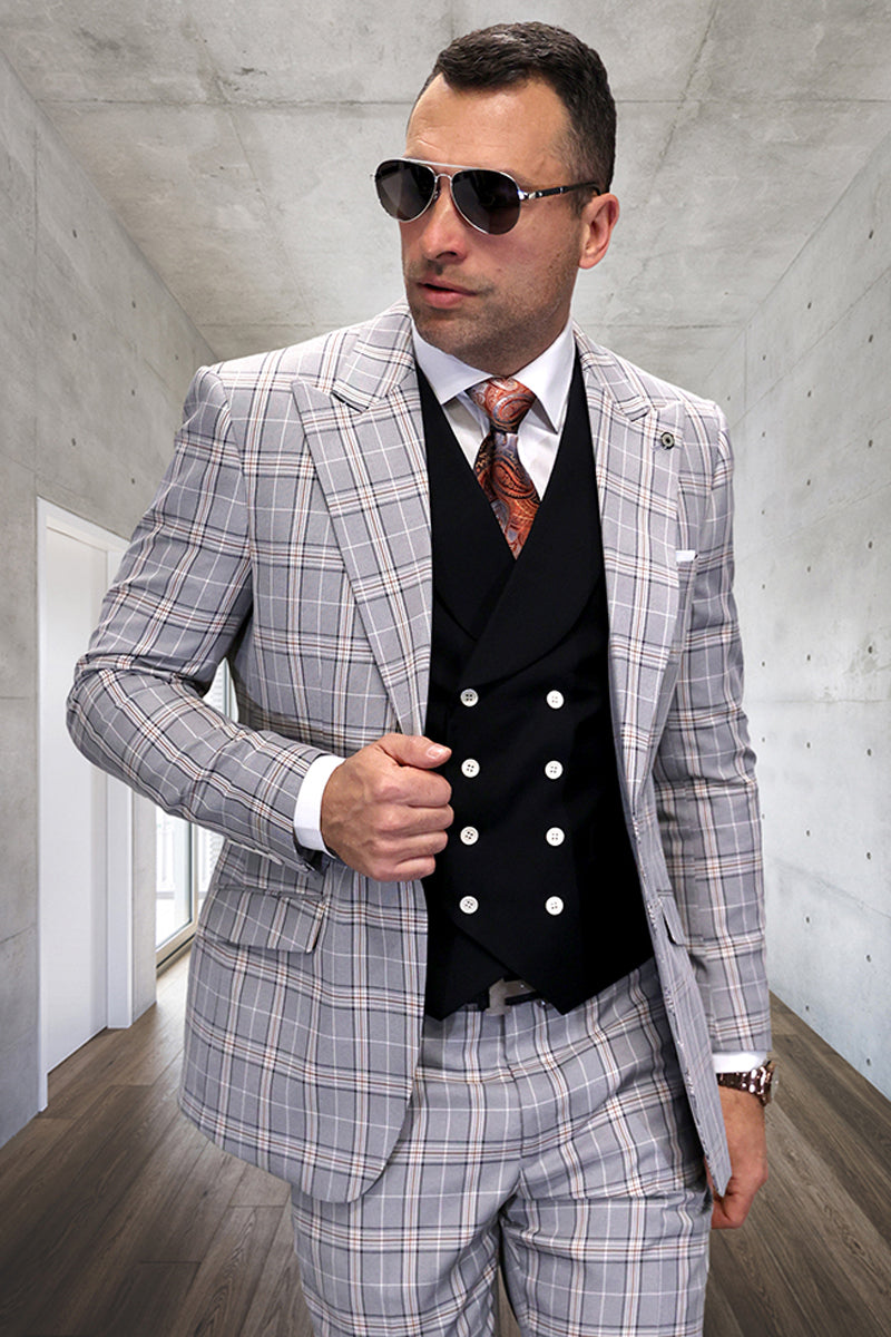 Men’s Designer Wool Vested Windowpane Peak Lapel Suit in Black