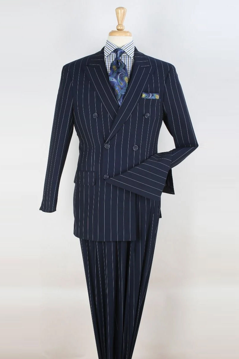 Mens Double Breasted 1920’s Wide Bold Gangster Pinstripe Suit in Navy