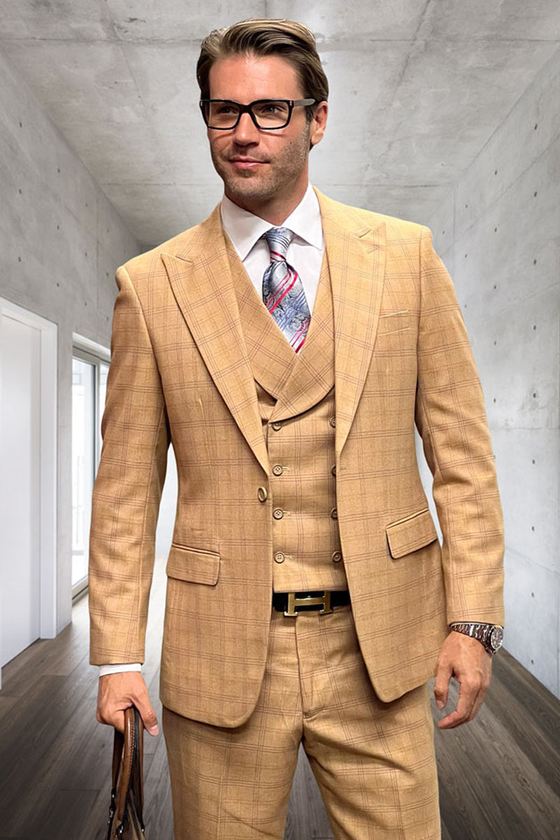 Men’s Designer Wool Suit with Double Breasted Vest in Camel Windowpane Plaid
