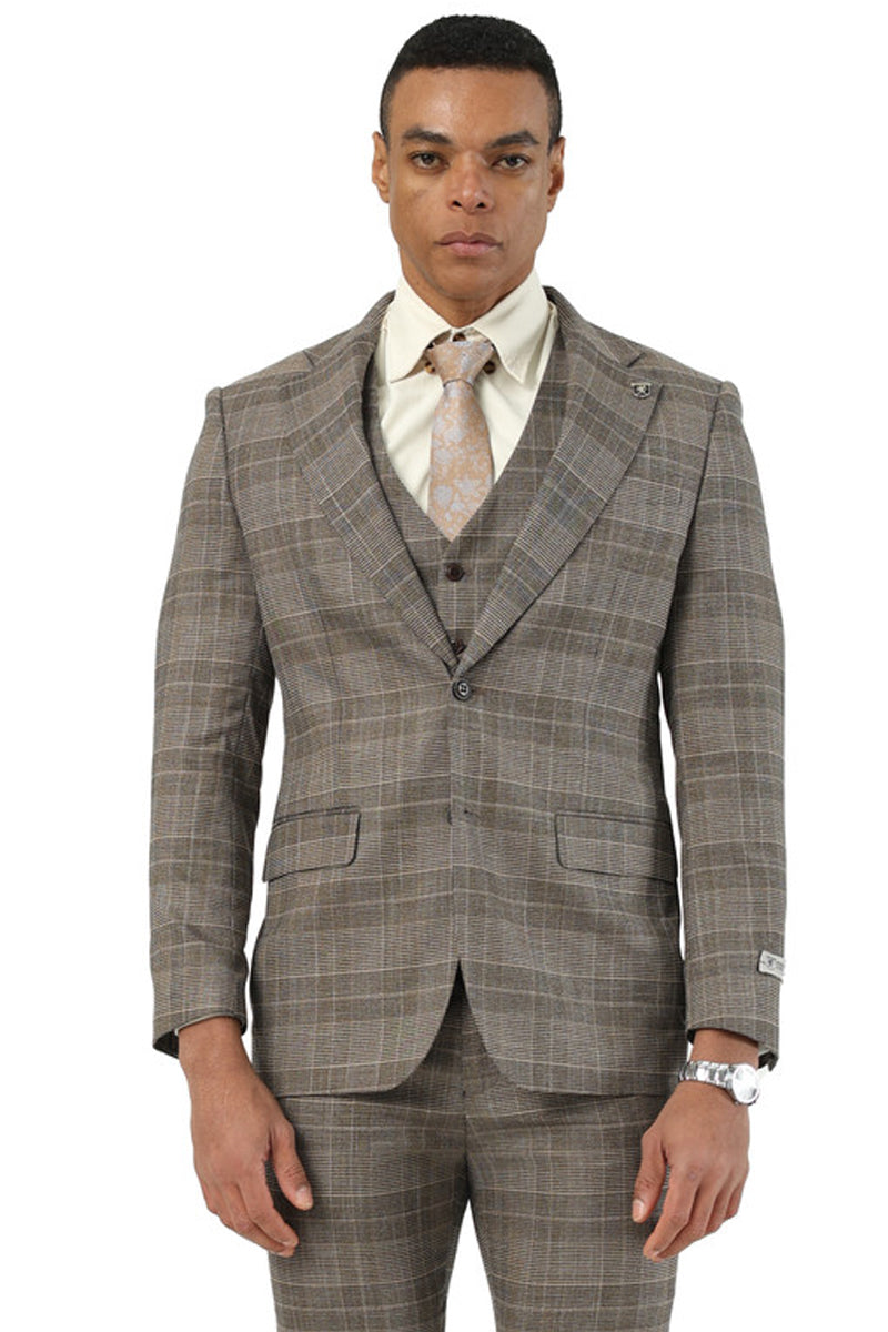 Men’s Stacy Adams Two Button Wide Notch Lapel Vested Suit in Brown Glen Plaid