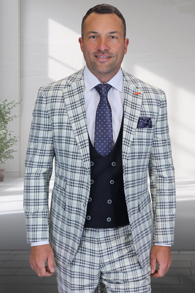 Men’s Designer Two Button Wool Suit with Double Breasted Scoop Vest in Natural Grey Blue Windowpane