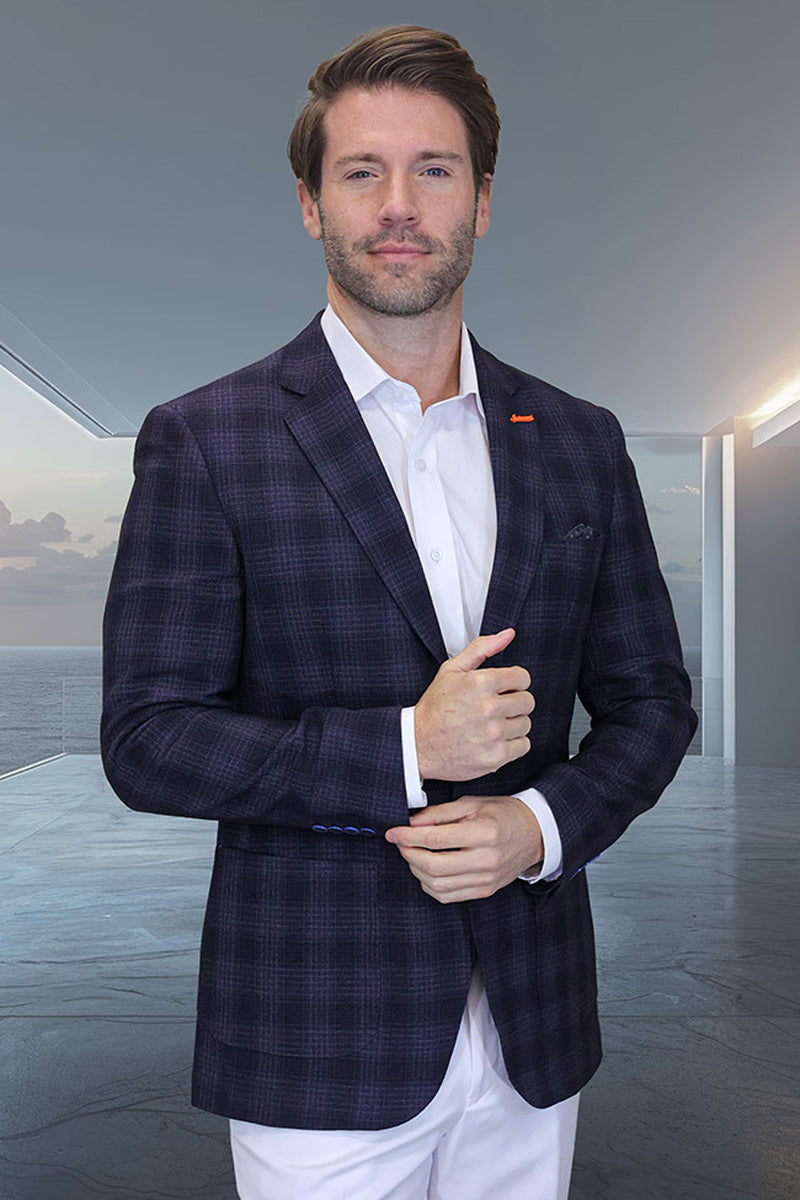 Men’s Modern Fit Patch Pocket Designer Wool Summer Blazer in Black Plaid