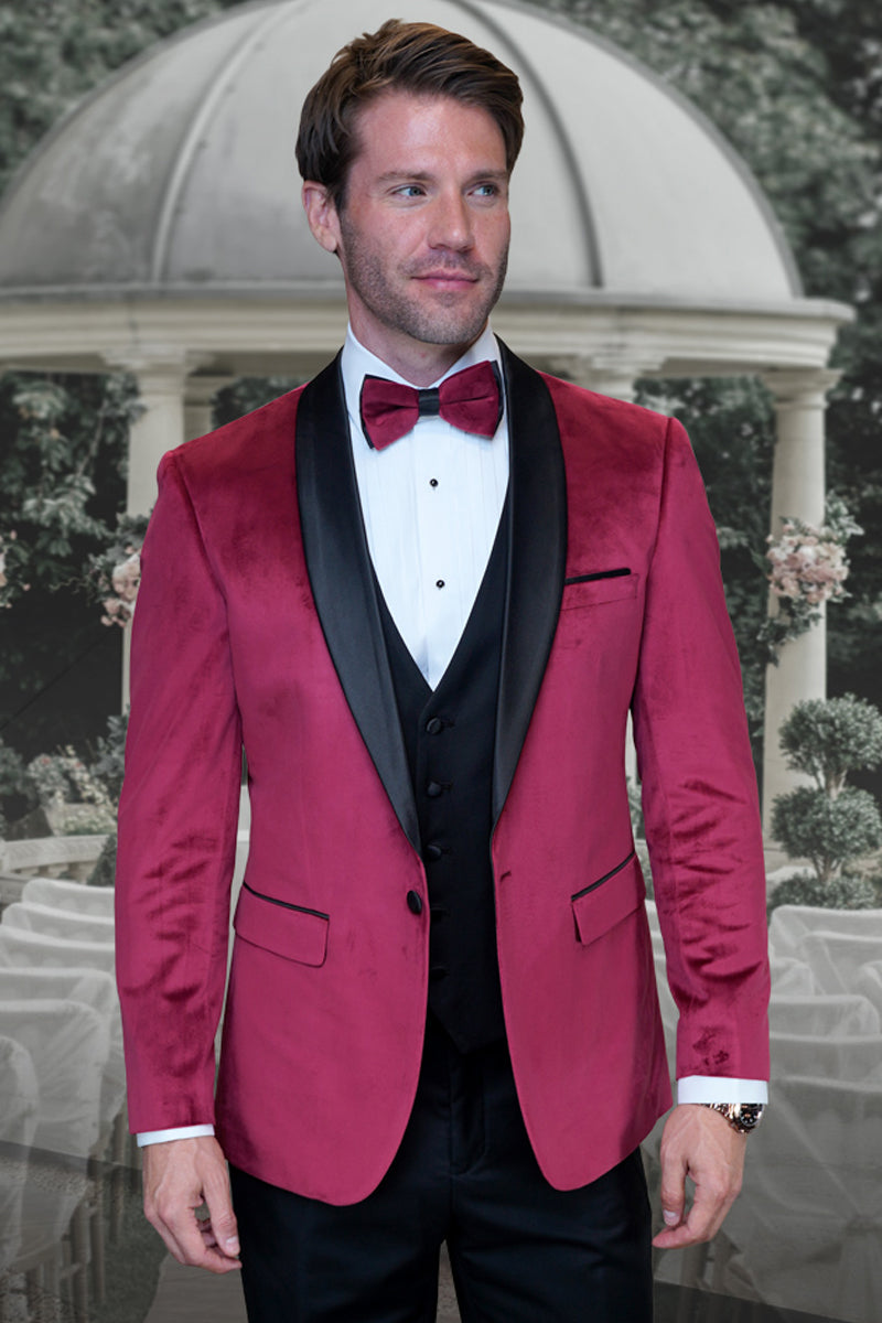 Men’s Designer Vested Velvet Wedding & Prom Tuxed in Burgundy