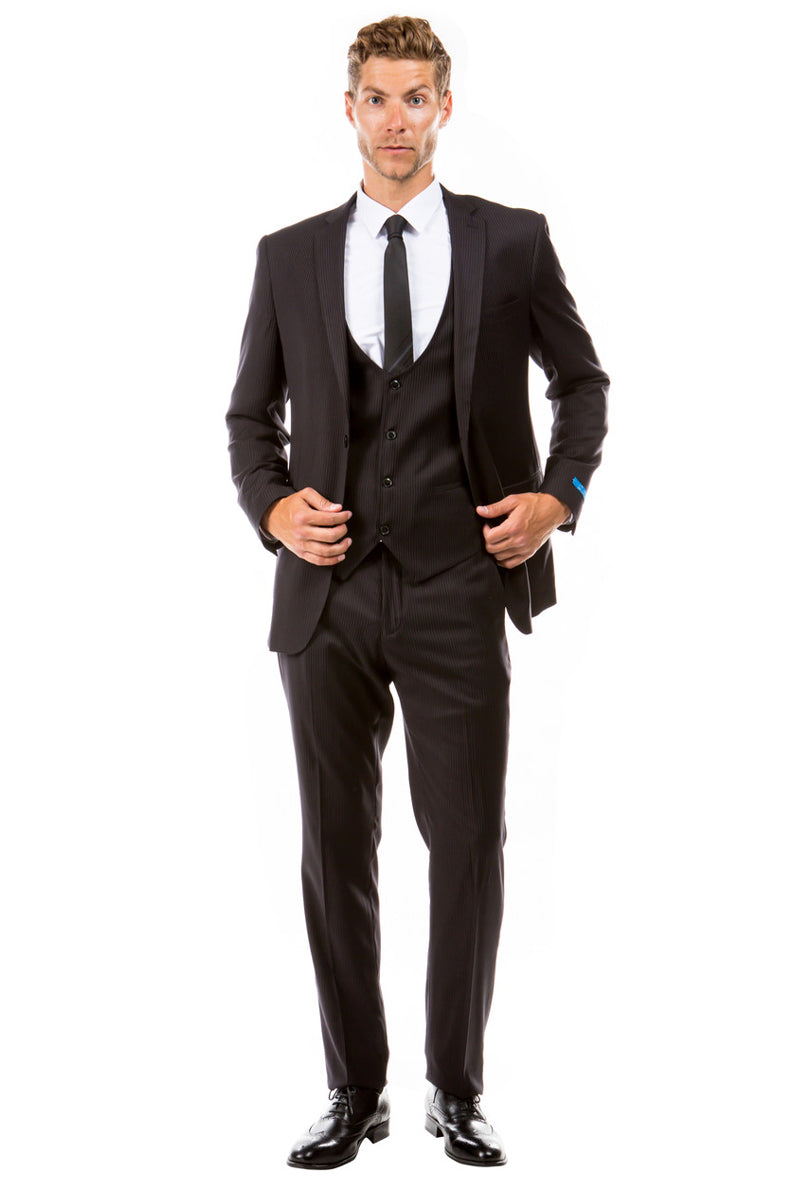Men’s Two Button Vested Hybrid Fit Micro Mini Pinstripe Business Suit in Black