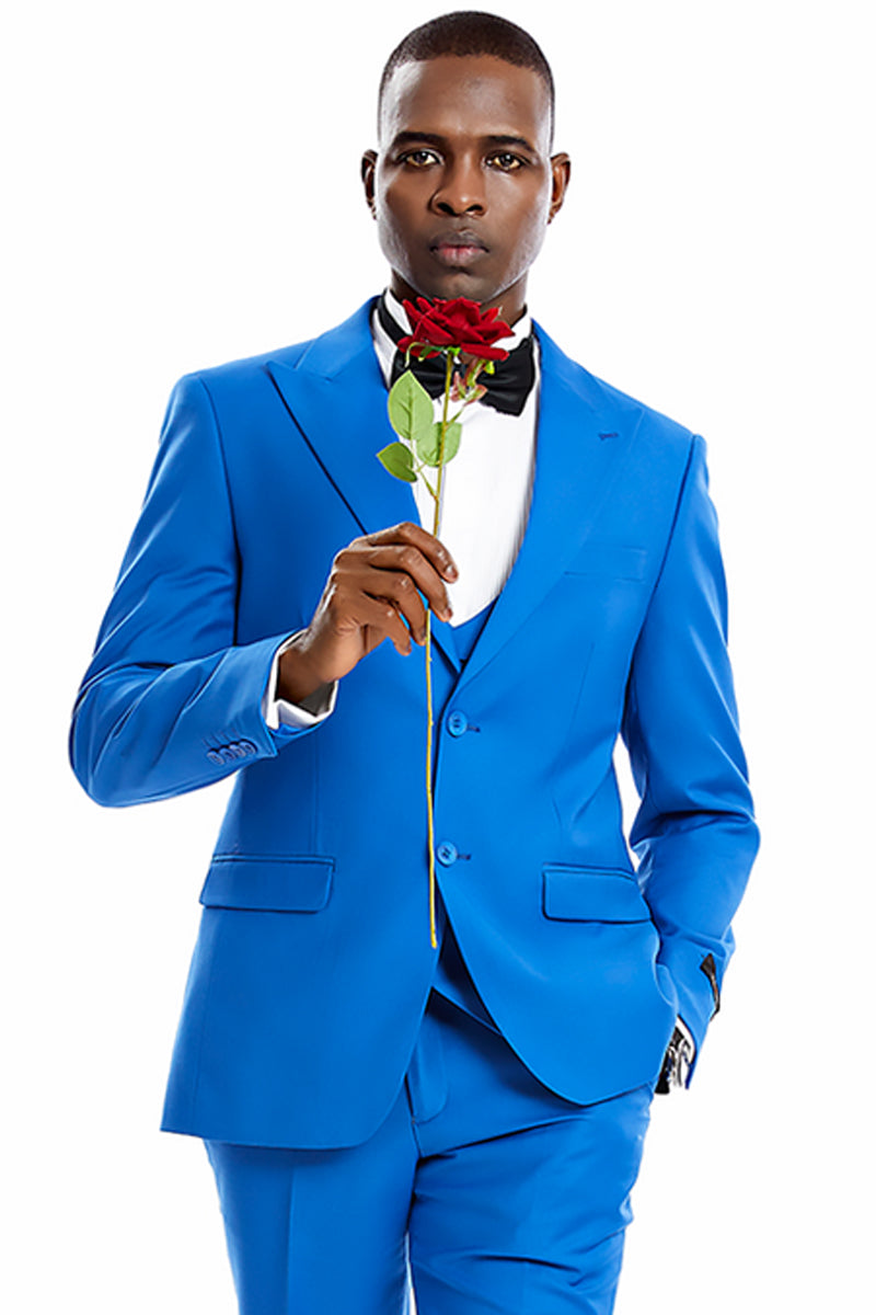 Men’s Two Button Vested Peak Lapel Pastel Wedding & Prom Suit in Royal Blue