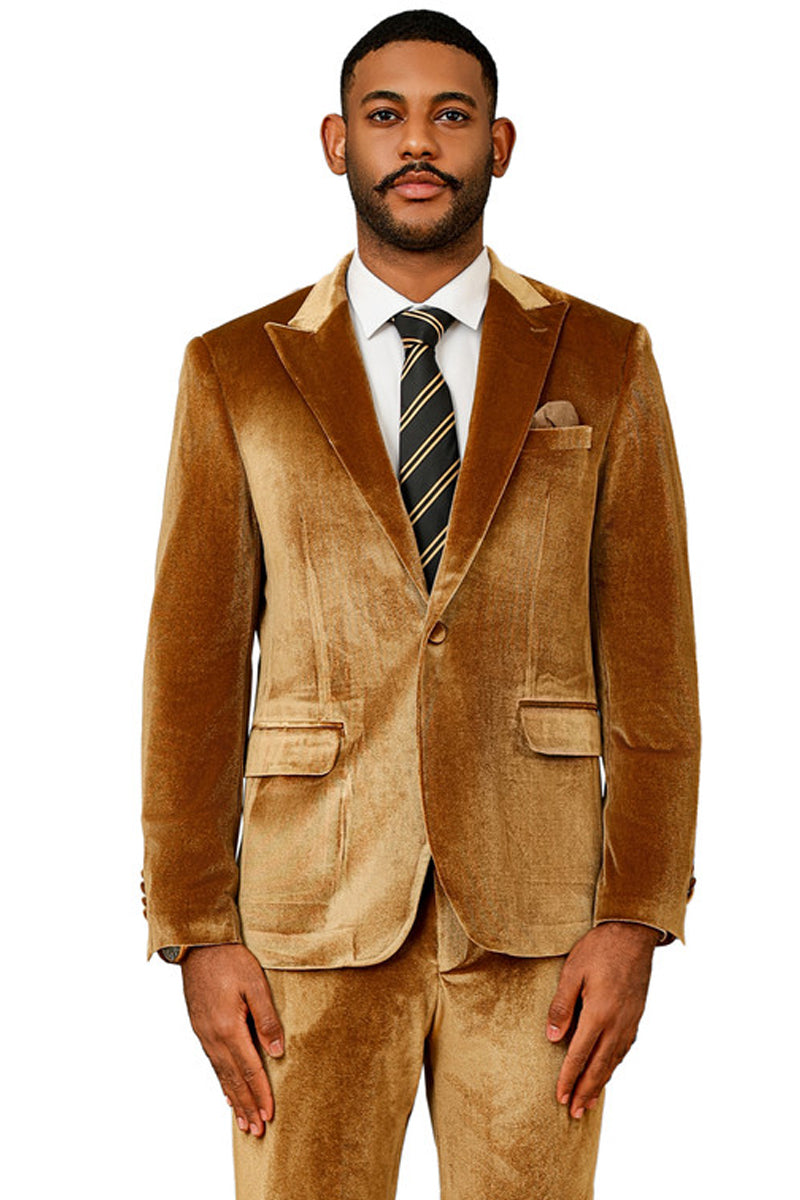 Men’s Slim Fit One Button Velvet Wedding & Prom Suit in Gold