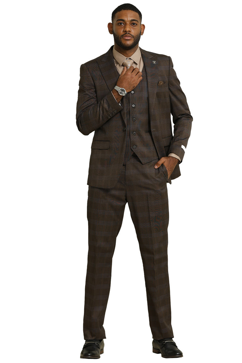 Men’s Stacy Adams One Button Vested Peak Lapel Suit in Brown Glen Plaid