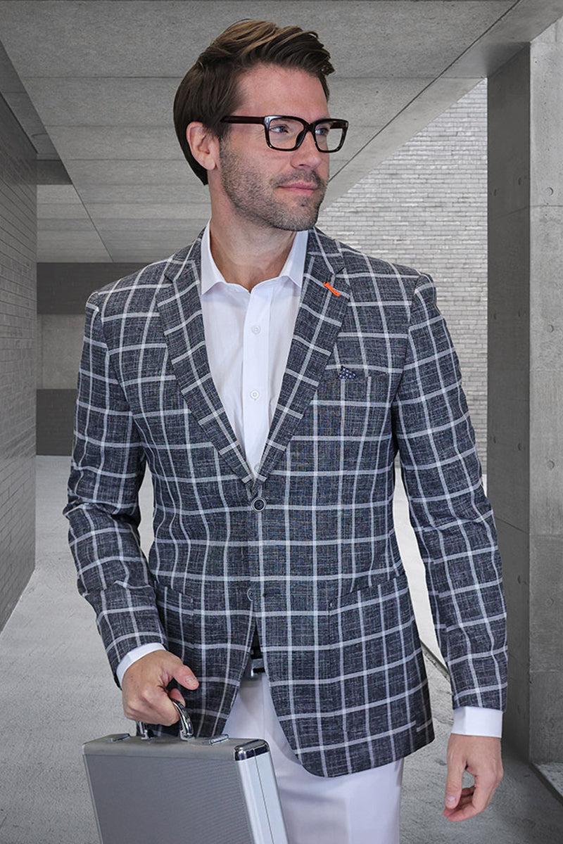 Men’s Modern Fit Patch Pocket Designer Wool Summer Blazer in Black Windowpane Plaid
