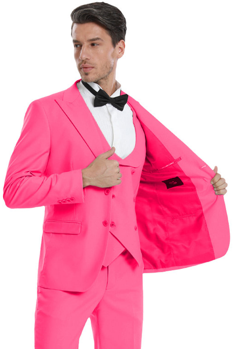 Men’s Two Button Vested Peak Lapel Pastel Wedding & Prom Suit in Fuchsia Pink
