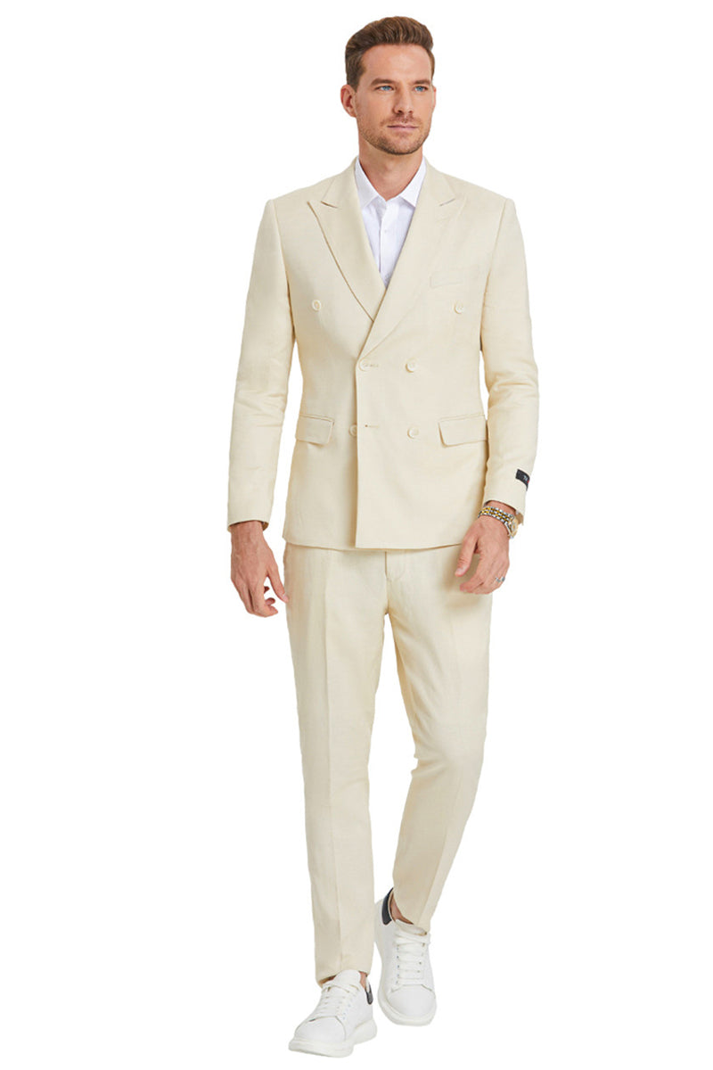 Men’s Slim Fit Double Breasted Summer Wedding Suit in Tan