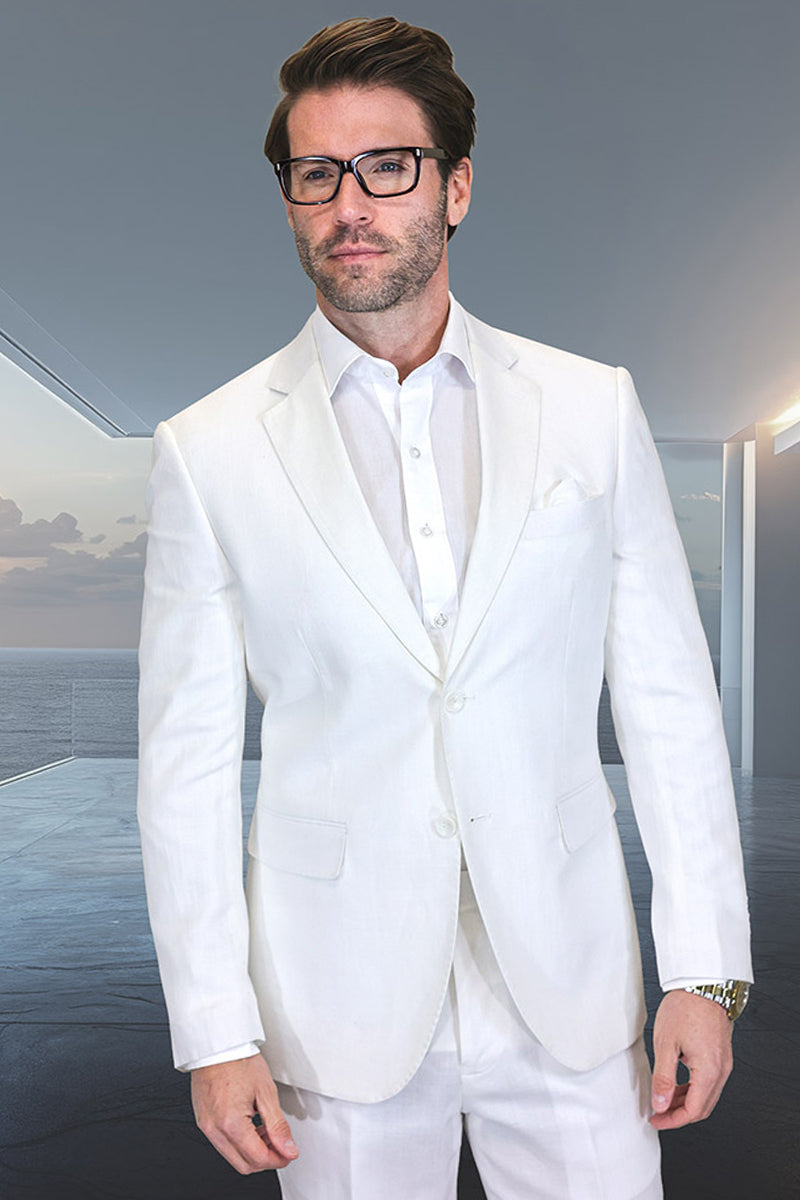 Men’s Designer Two Button Summer Linen Wedding Suit in White
