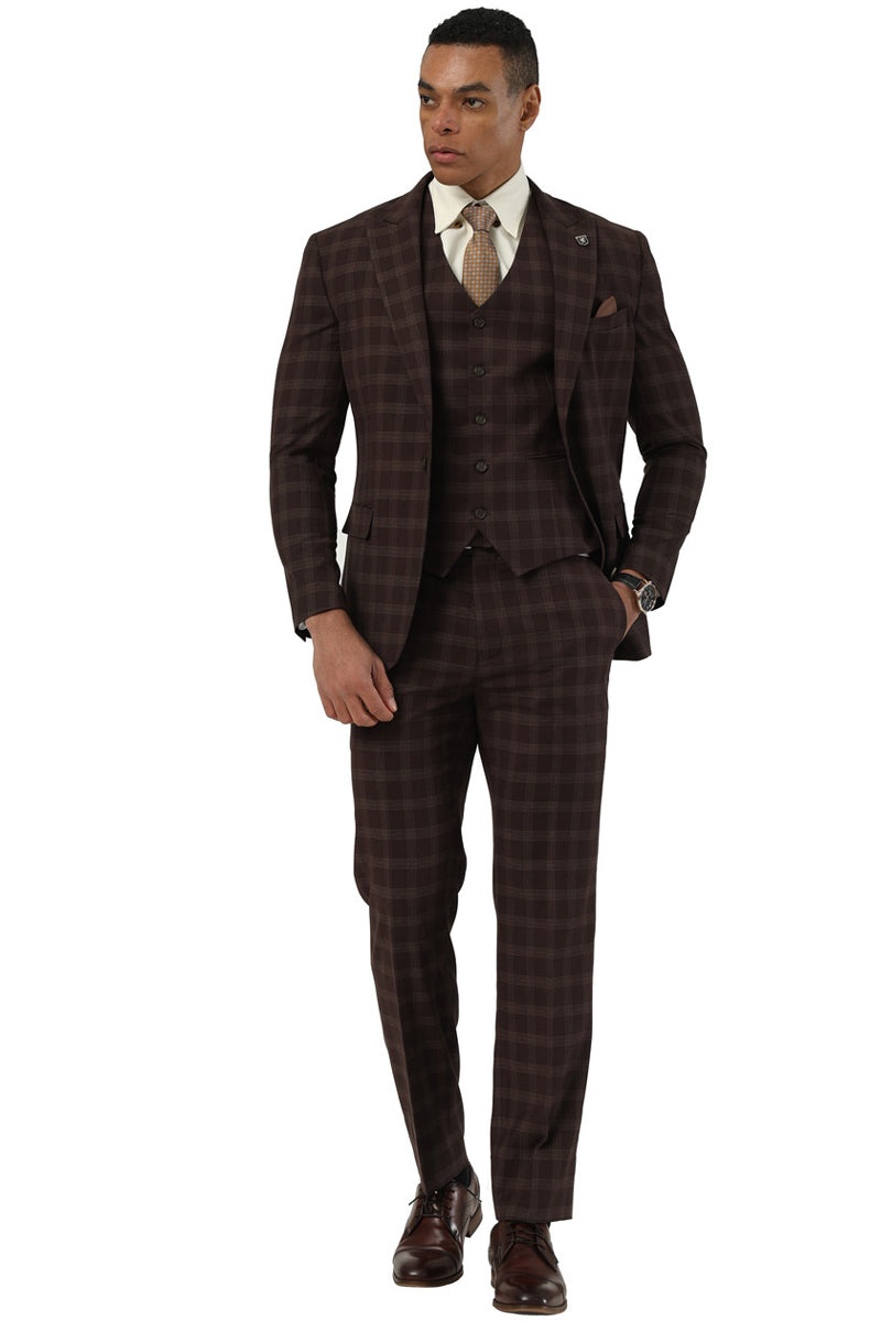 Men’s Stacy Adams One Button Vested Peak Lapel Suit in Brown Plaid