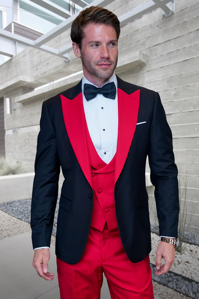 Men’s Designer Vested Contrast Peak Lapel Wool Wedding & Prom Tuxedo in Black & Red