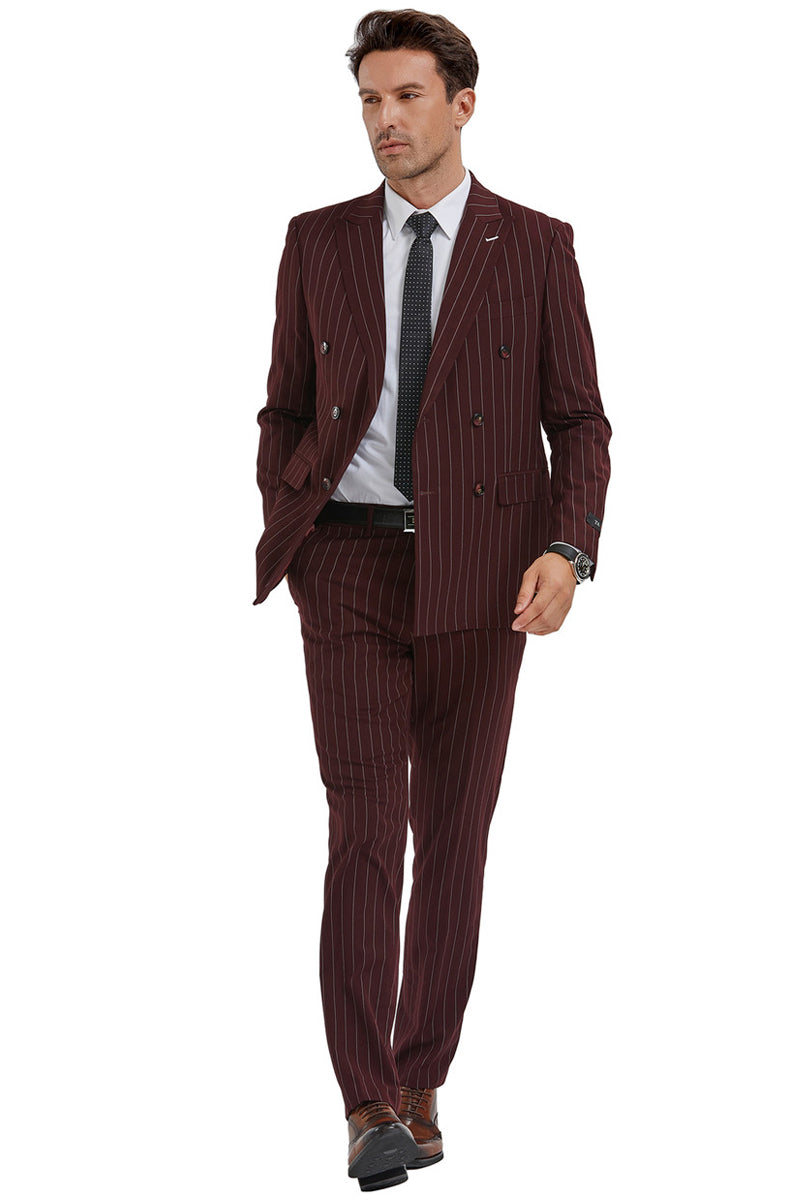 Men’s Slim Fit Double Breasted Bold Gangster Pinstripe Suit in Burgundy