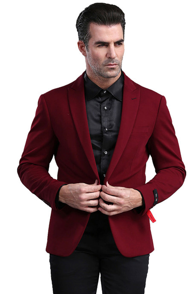 Men’s One Button Peak Lapel Skinny Fit Blazer in Burgundy