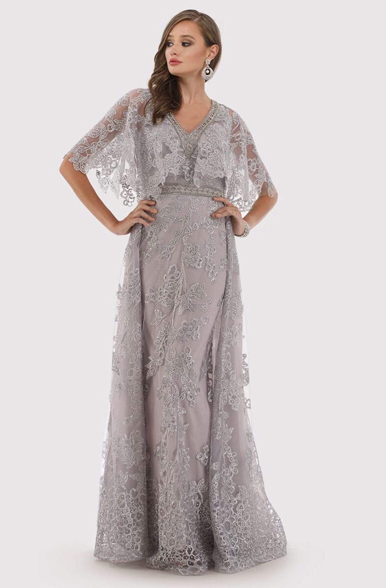 29799 Lace Appliqued Cape Sleeve Gown with Overskirt
