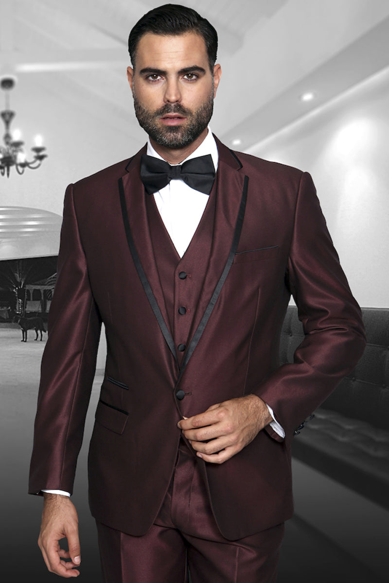 Men’s Designer One Button Shiny Sharkskin Tuxedo with Satin Trim in Burgundy