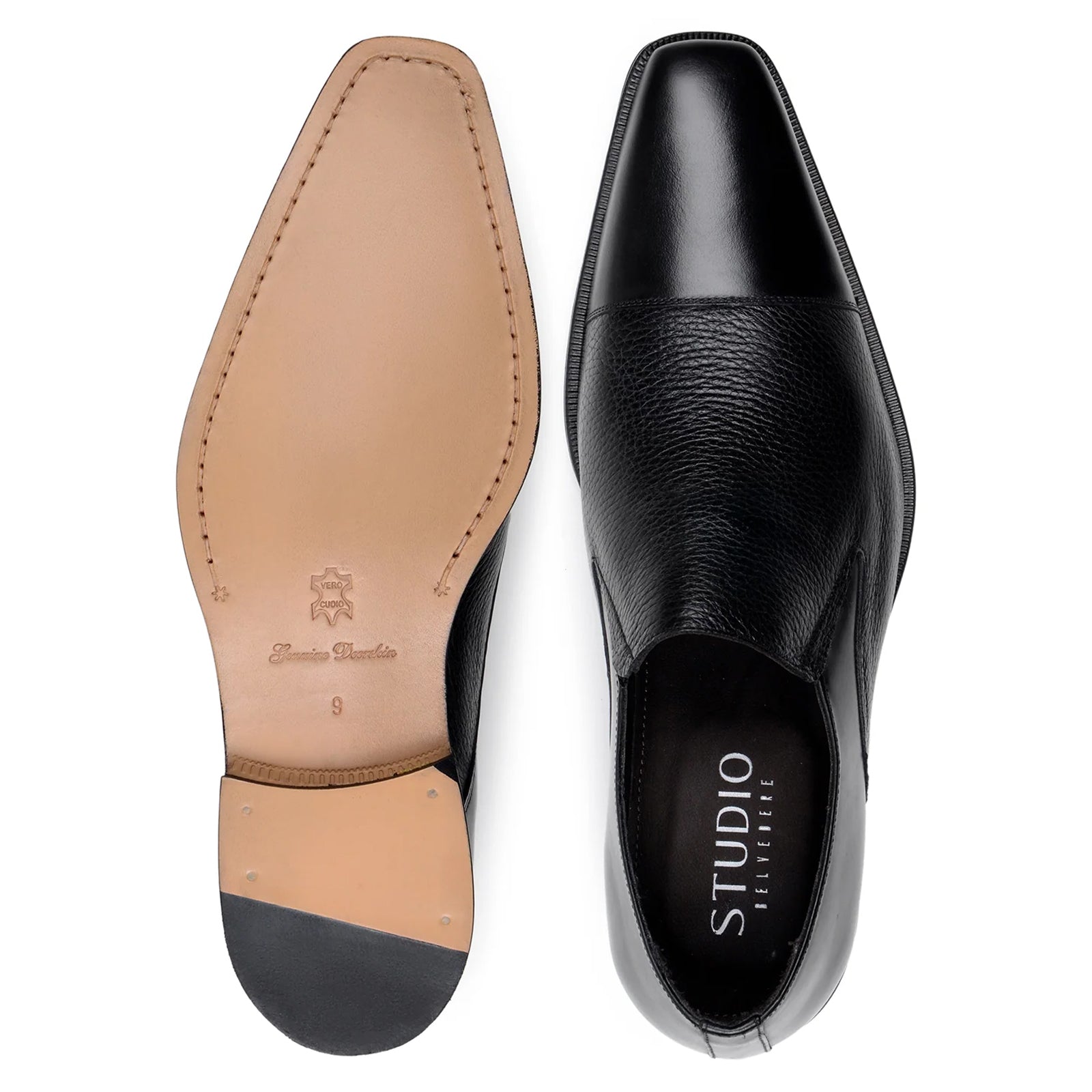 Men’s Belvedere Andreo Italian Deerskin & Nappa Leather Cap Toe Slip On Loafer in Black