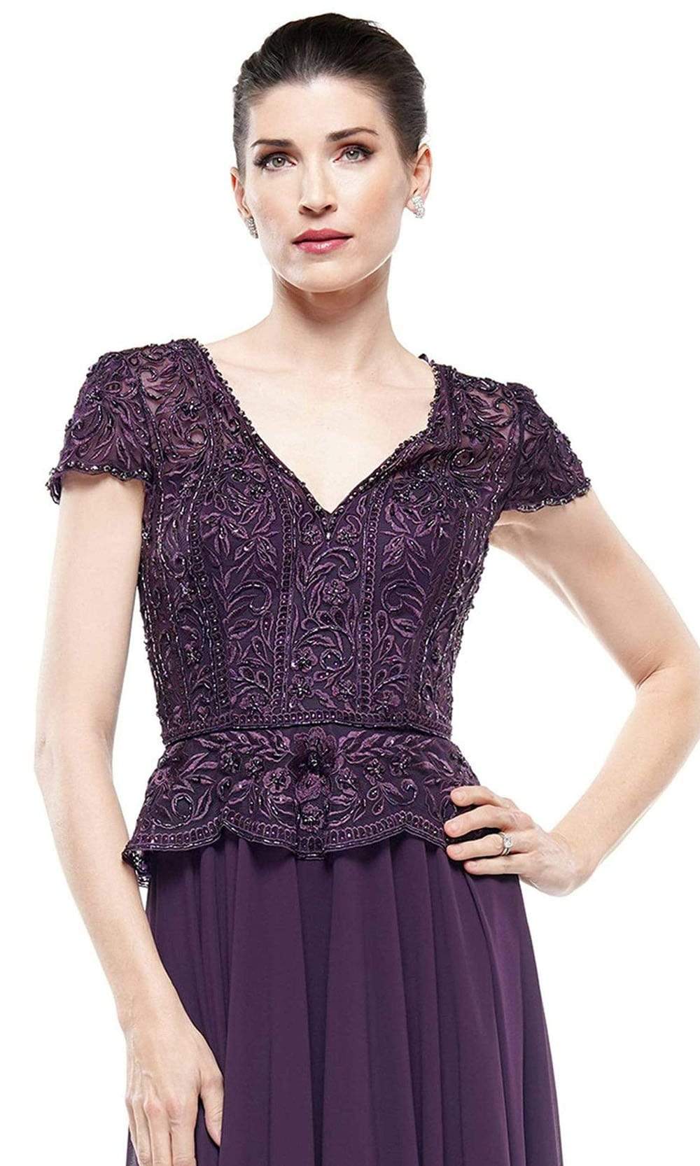 M243 Short Sleeve Embroidered Peplum Chiffon Gown