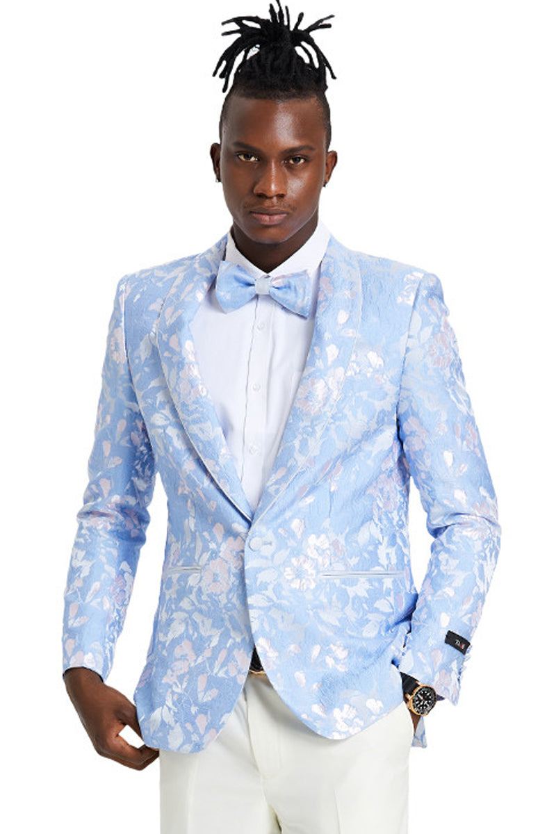 Men’s Slim Fit Paisley Foil Print Prom & Wedding Dinner Jacket Blazer in Sky Blue & Silver