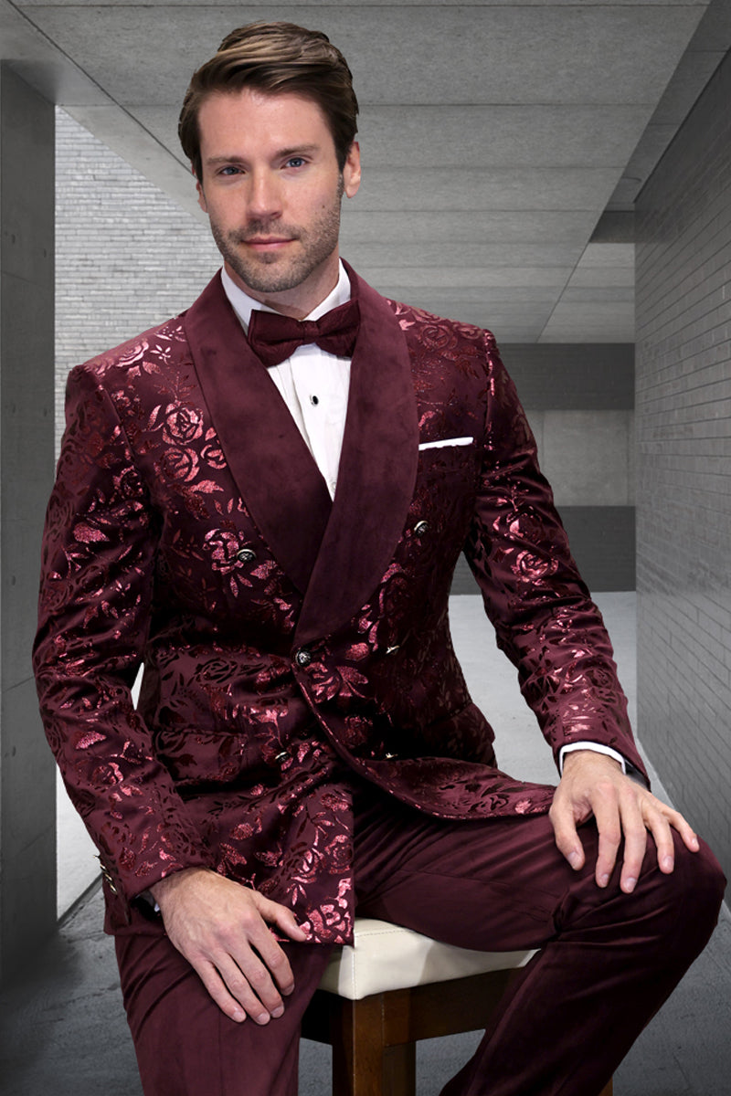 Men’s Double Breasted Foil Paisley Dinner Jacket Prom & Wedding Tuxedo in Burgundy