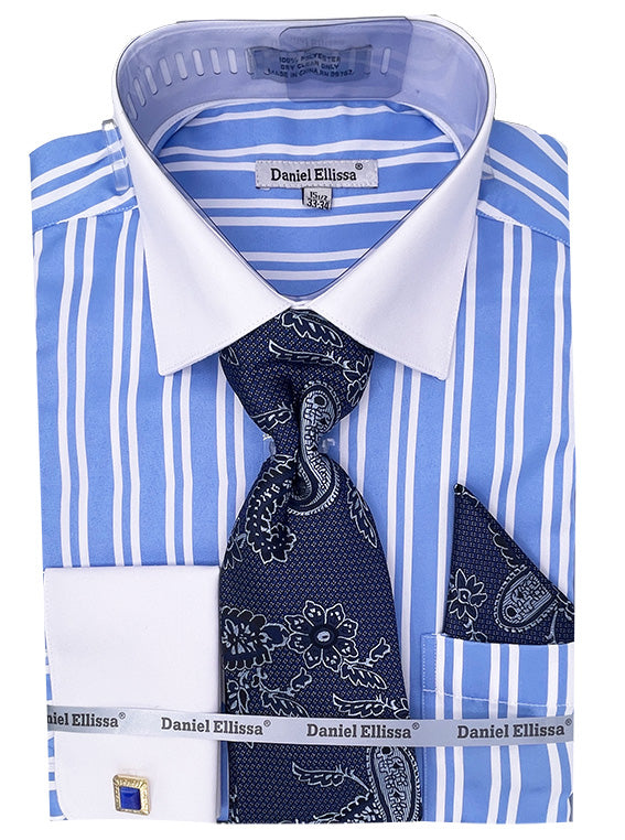 Men’s White Collar & French Cuff Double Stripe Dress Shirt in Blue
