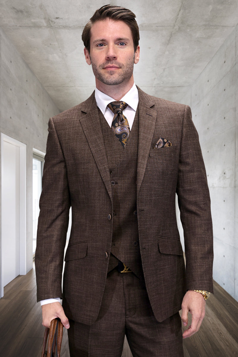 Men’s Designer Wool Vested Modern Fit Sharkskin Suit in Brown