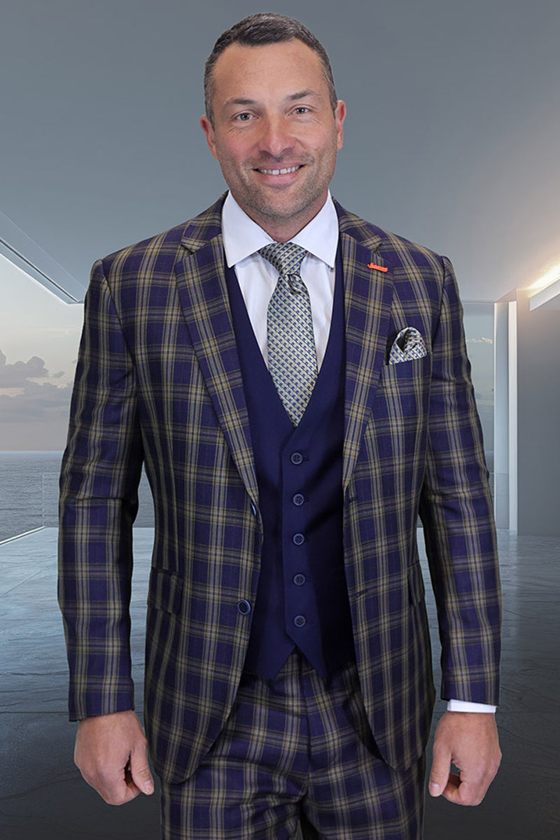 Men’s Designer Modern Fit Wool Suit in Midnight Blue & Tan Plaid with Contrasting Vest