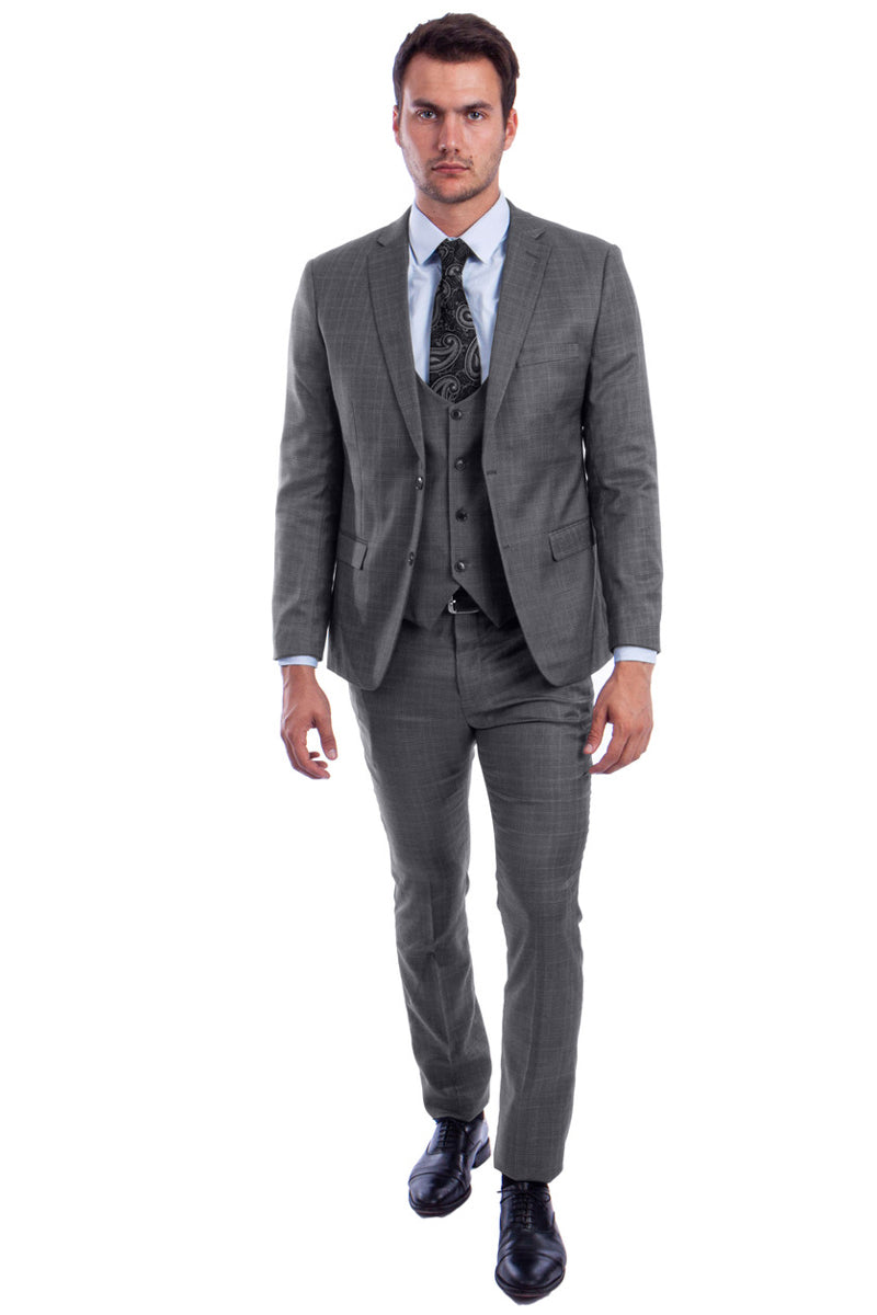 Men’s Two Button Vested Skinny Fit Suit with Low Cut Vest in Grey Plaid