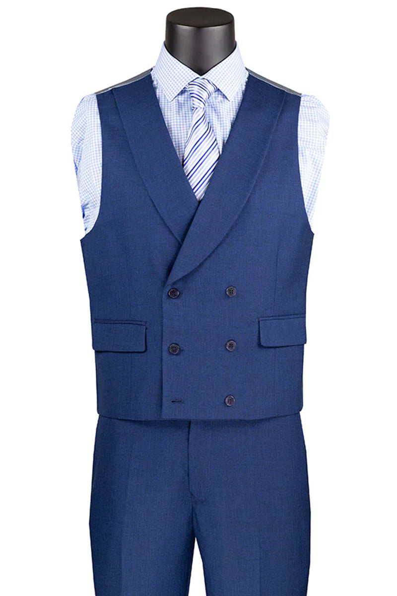 Men’s Summer Sharkskin Suit with Double Breasted Vest in Navy Blue