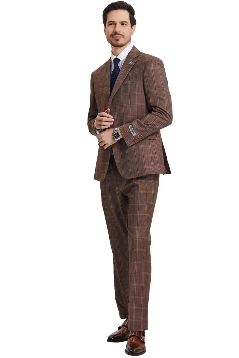 Men’s Stacy Adams Vested Modern Fit Windowpane Plaid Suit in Light Brown