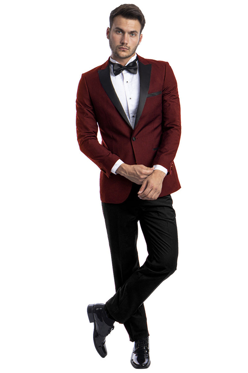 Men’s Slim Fit One Button Peak Lapel Wedding Tuxedo in Burgundy