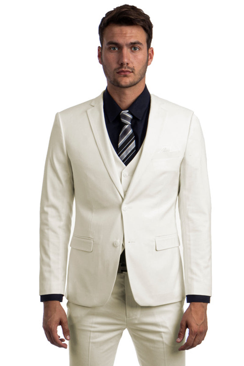 Men’s Two Button Slim Fit Vested Solid Basic Color Suit in Ivory