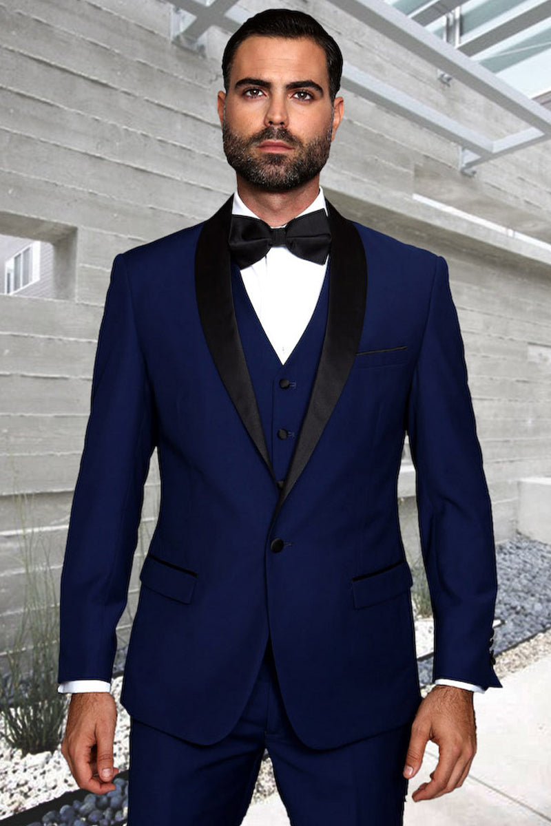 Men’s Designer Wool One Button Shawl Lapel Wedding Tuxedo in Sapphire Blue and Black